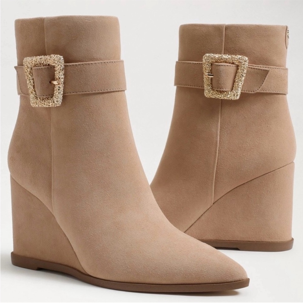 Sam Edelman Tan Wedge Boots with Gold Buckle